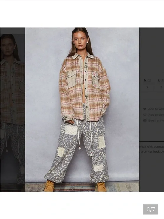 #192 POL New Plaid Fuzzy Shacket with Floral Patch Pockets - Pink, Beige - Picture 8 of 8